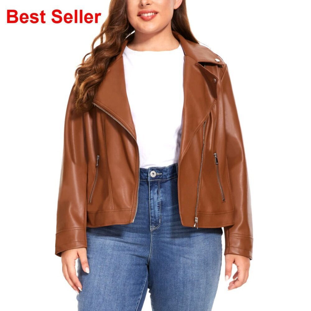 Faux Leather Motorcycle Jacket Zip Up Fitted Plus Size Biker Coat